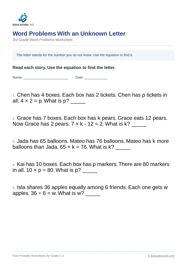 Word Problems With an Unknown Letter worksheet 9 — 3rd Grade