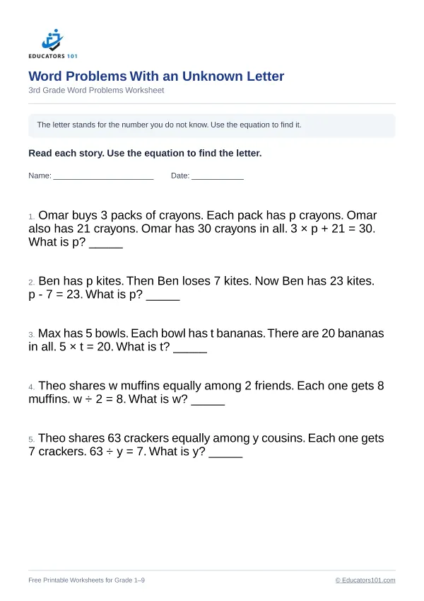 Word Problems With an Unknown Letter worksheet 10 — 3rd Grade