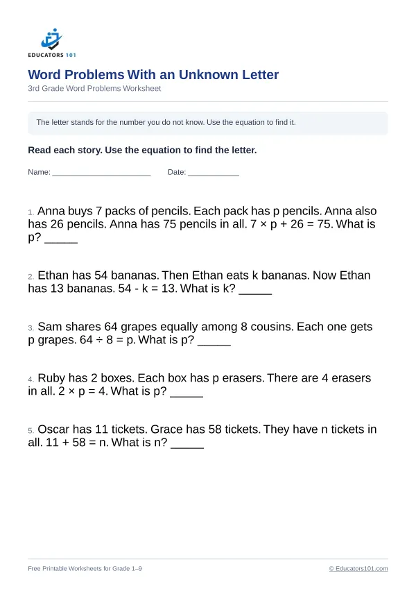 Word Problems With an Unknown Letter worksheet 11 — 3rd Grade