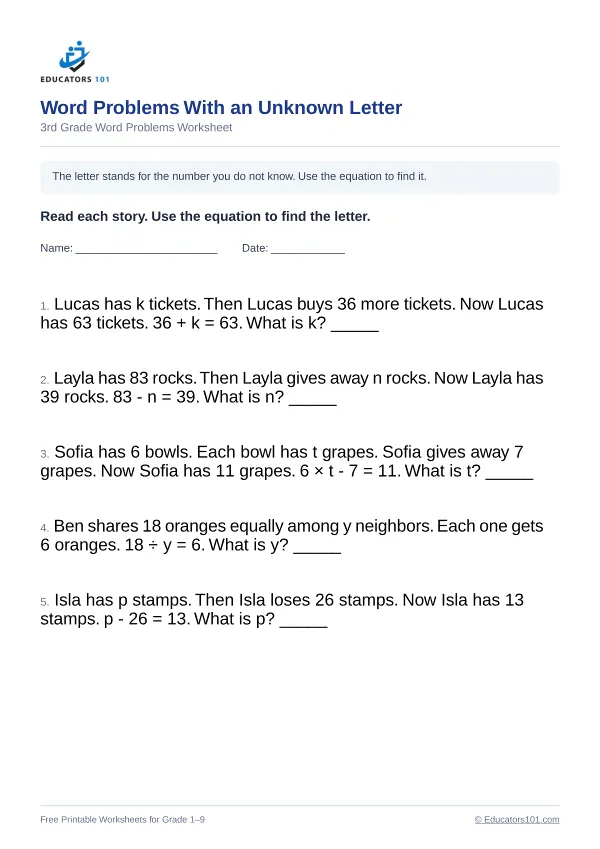 Word Problems With an Unknown Letter worksheet 12 — 3rd Grade