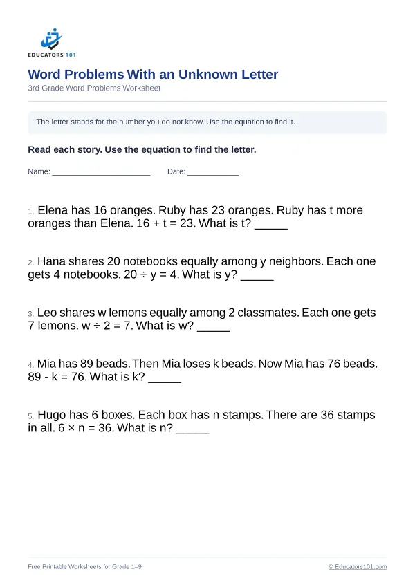 Word Problems With an Unknown Letter worksheet 13 — 3rd Grade