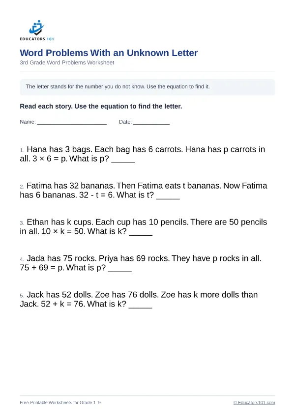 Word Problems With an Unknown Letter worksheet 14 — 3rd Grade