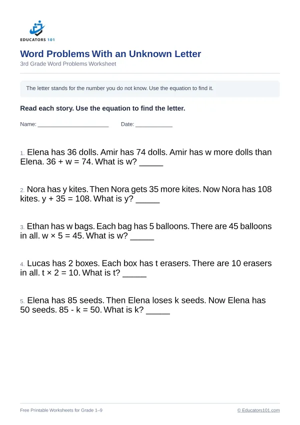 Word Problems With an Unknown Letter worksheet 15 — 3rd Grade