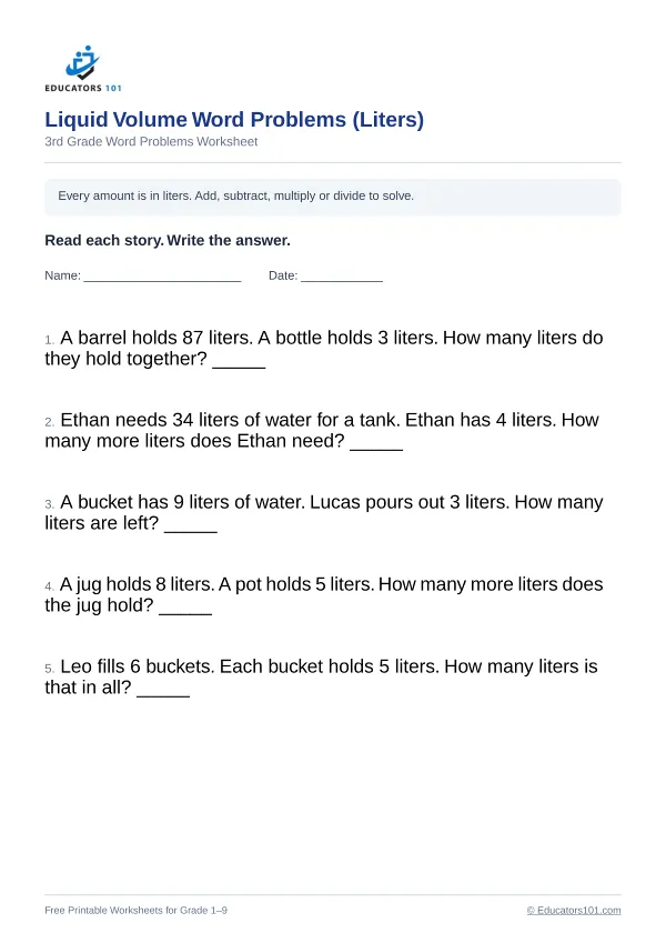 Liquid Volume Word Problems (Liters) worksheet 1 — 3rd Grade