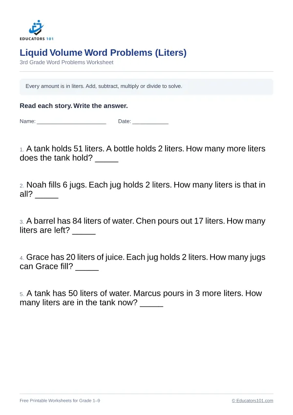 Liquid Volume Word Problems (Liters) worksheet 2 — 3rd Grade