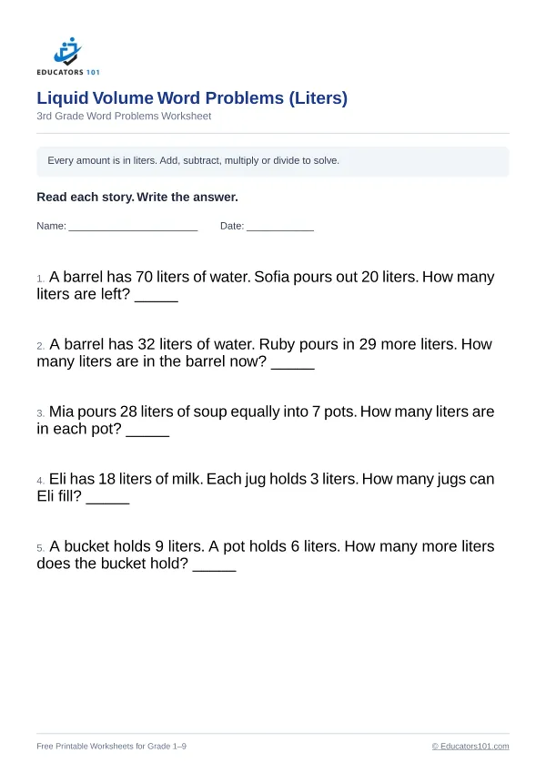 Liquid Volume Word Problems (Liters) worksheet 3 — 3rd Grade