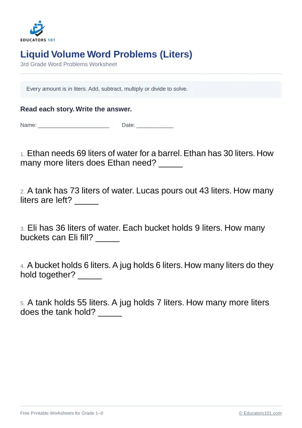 Liquid Volume Word Problems (Liters) worksheet 4 — 3rd Grade