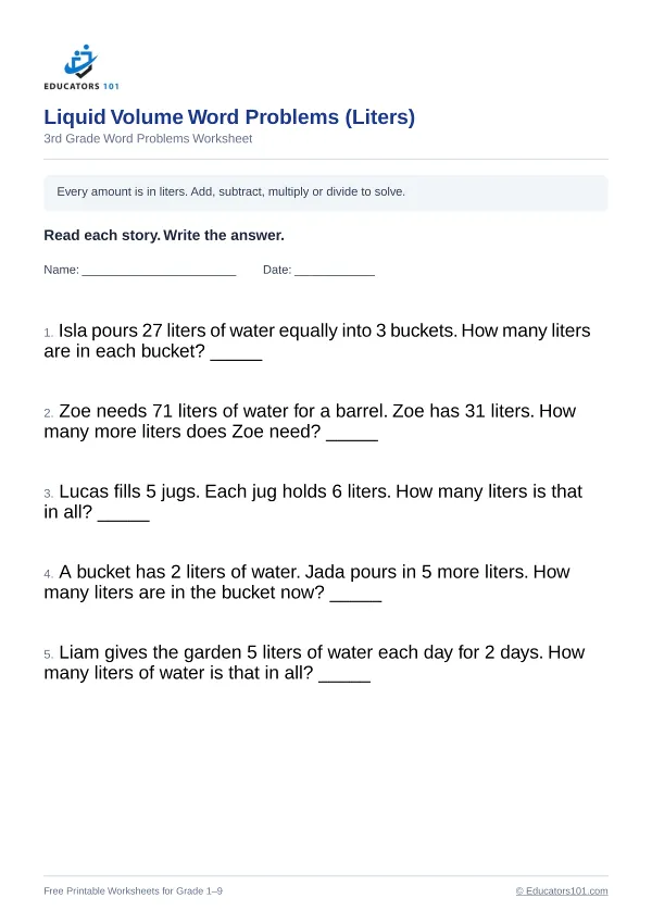 Liquid Volume Word Problems (Liters) worksheet 5 — 3rd Grade