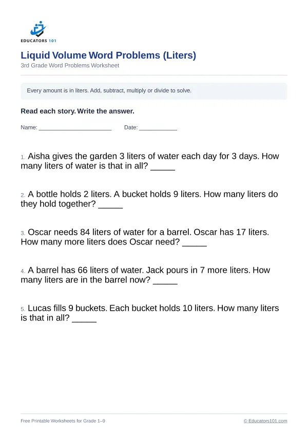 Liquid Volume Word Problems (Liters) worksheet 6 — 3rd Grade