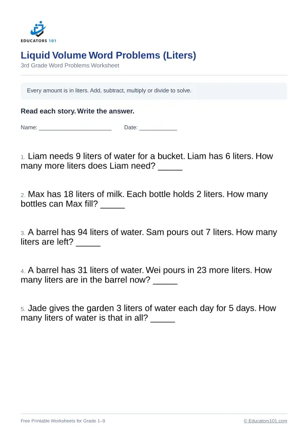 Liquid Volume Word Problems (Liters) worksheet 7 — 3rd Grade