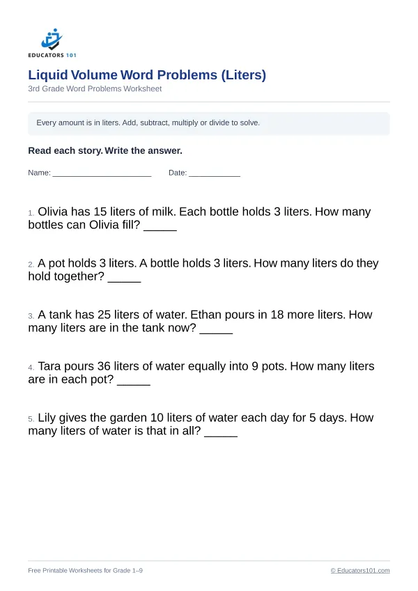 Liquid Volume Word Problems (Liters) worksheet 8 — 3rd Grade