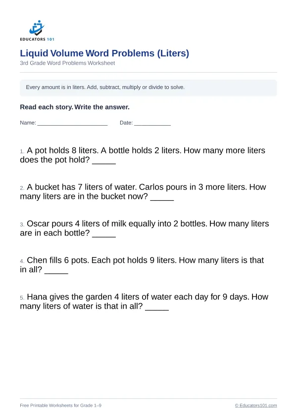 Liquid Volume Word Problems (Liters) worksheet 9 — 3rd Grade