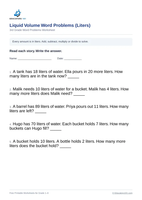 Liquid Volume Word Problems (Liters) worksheet 10 — 3rd Grade