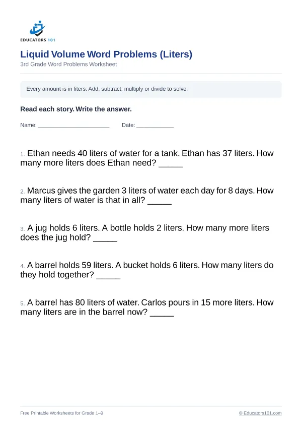 Liquid Volume Word Problems (Liters) worksheet 11 — 3rd Grade