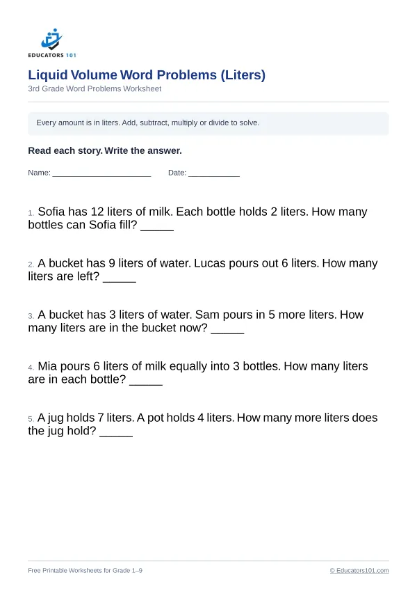 Liquid Volume Word Problems (Liters) worksheet 12 — 3rd Grade