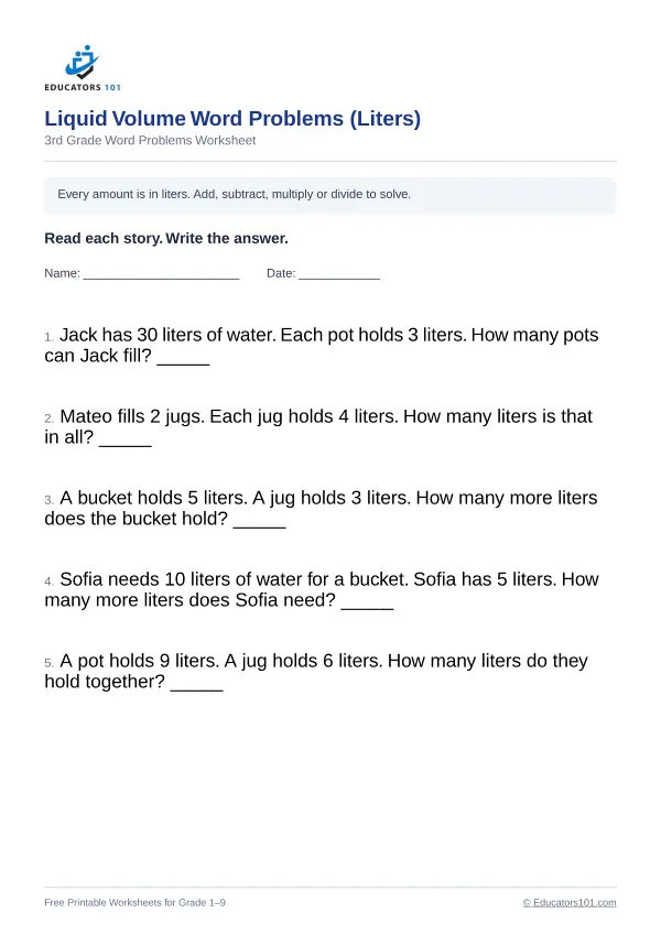 Liquid Volume Word Problems (Liters) worksheet 13 — 3rd Grade