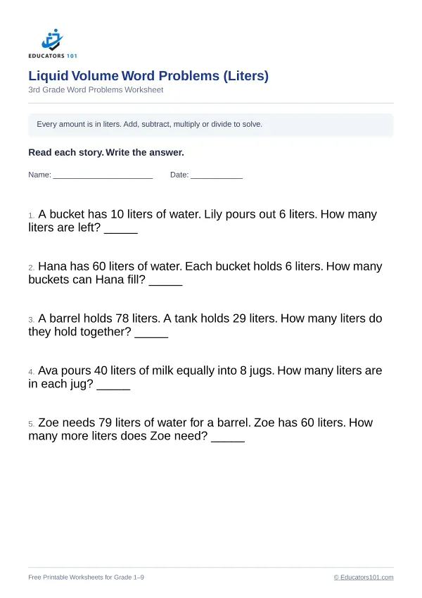 Liquid Volume Word Problems (Liters) worksheet 14 — 3rd Grade