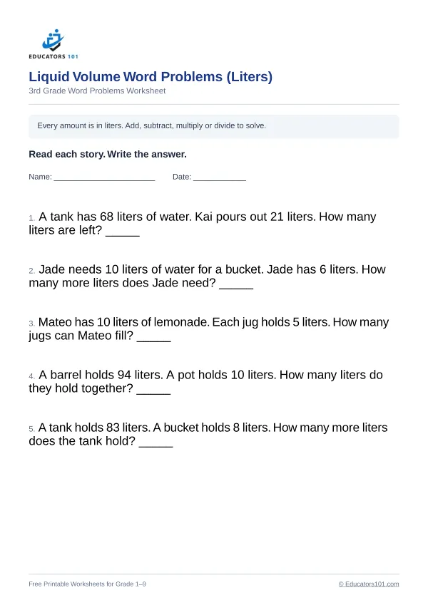 Liquid Volume Word Problems (Liters) worksheet 15 — 3rd Grade