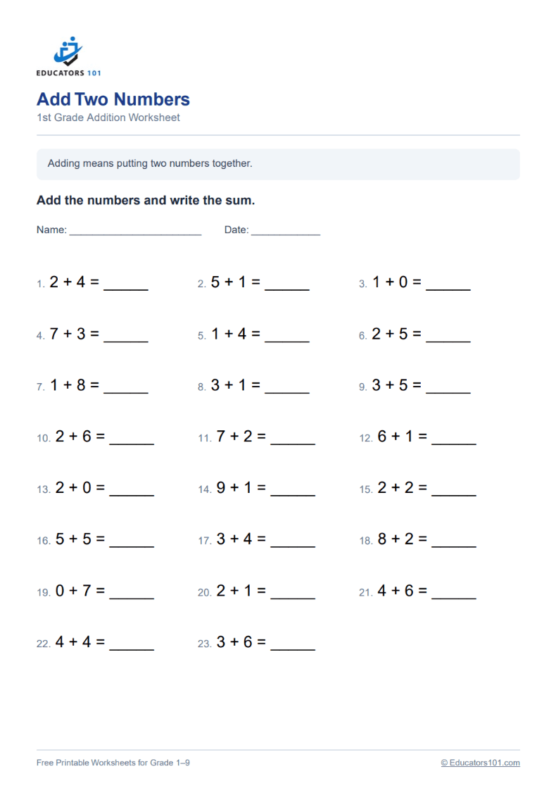 Add Two Numbers worksheet preview