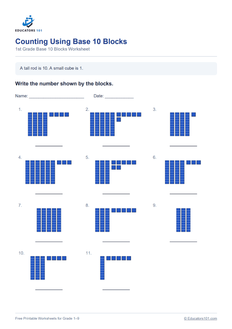 Counting Using Base 10 Blocks worksheet preview