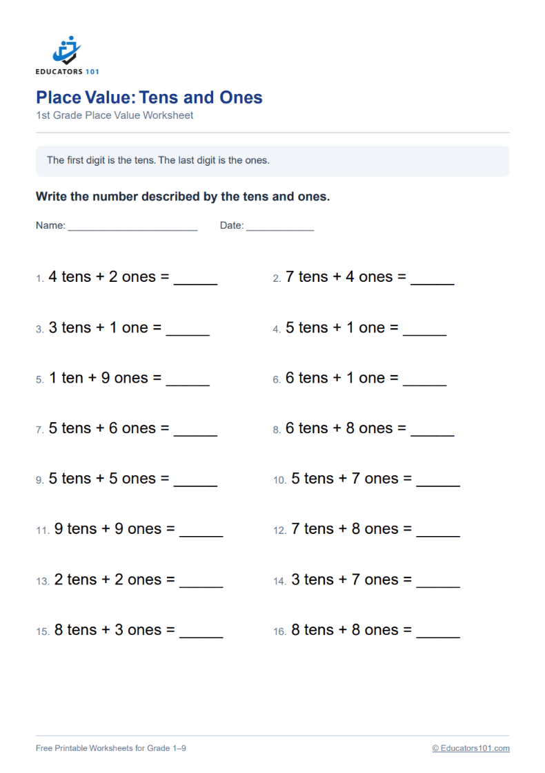Place Value: Tens and Ones worksheet preview